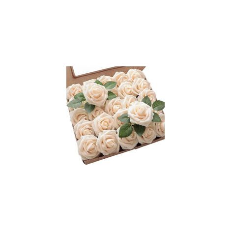 Set Mit 25 Künstlichen Schaumrosen Mit Blättern, Dekorative Blumen In Champagnerfarbe