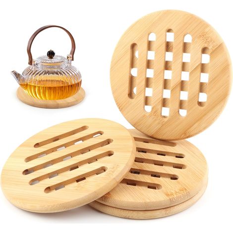 Set Mit 4 Bambus-untersetzern, Rutschfest, Abwaschbar, Hitzebeständig, Schützt Schüsseln, Töpfe, Pfannen Und Teller (15 X 15 Cm, Rund)