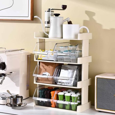 Teeschubladen-organizer, 4 Transparente Ebenen Für Teebeutel, Kaffeekapseln, Zuckerdose – Teeboxen, Teebeutelhalter, Teebeutelregal, Tee-präsentationsständer Für Möbel