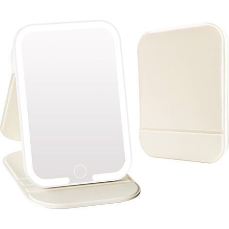 Wiederaufladbarer Reisespiegel Mit 3-farbiger Beleuchtung – Led-schminkspiegel – Helligkeit Per Berührung Einstellbar – Tragbarer Kosmetikspiegel – Reiseaccessoire Für Damen – Beige