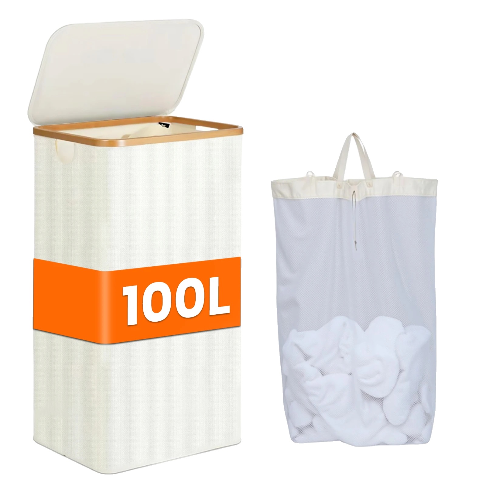 Wäschekorb, Strapazierfähiger Stoff, Abnehmbarer Netzbezug, Beige100l