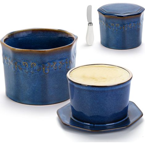 280 Ml Butterdose Für Die Arbeitsplatte Mit Wasserlinie, Große Französische Butterdose Mit Deckel Und Spatel, Butterdose Aus Keramik Für Weiche, Streichfähige Butter (blau)