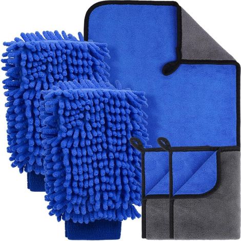 5-teiliges Autoreinigungsset: 3 Autowaschtücher 600 G/m² + 2 Autowaschhandschuhe — Abstaub- Und Staubabsorptionsset (für Zuhause Und Auto) (blau)