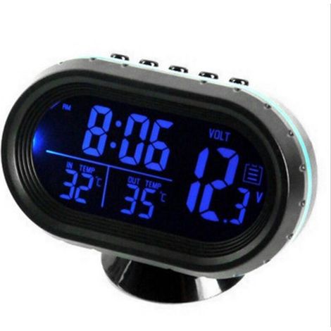 Digitales Kfz-thermometer Mit Uhr (12 V Dc), Led-beleuchtung, Doppeltemperaturanzeige, Voltmeter Und Spannungsprüfer, Blau, Von Debuns