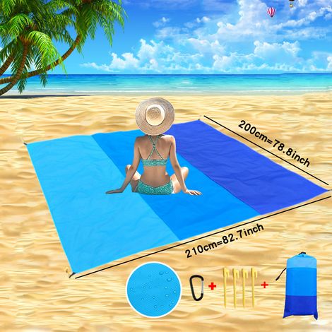 Dreifarbige Strandmatte Mit Farbverlauf In Blau (200 × 210 Cm) – Tragbare, Faltbare, Sand- Und Feuchtigkeitsabweisende Picknickdecke – Wasserdichte Picknickdecke Aus Polyester Mit Tasche