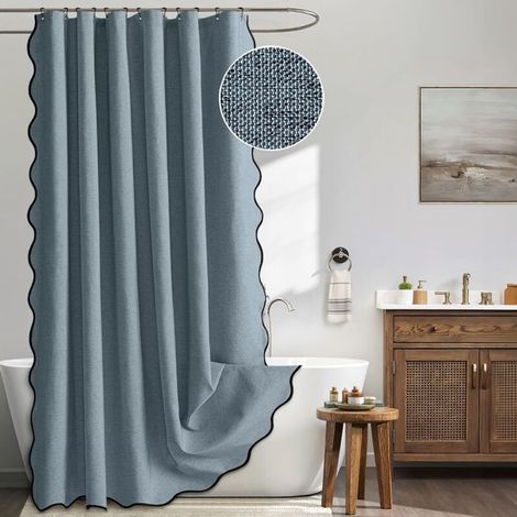 Fächerförmiger Duschvorhang In Leinenoptik Mit Haken Für Ein Sauberes Und Trockenes Badezimmer – 1 Stück, Blau, 90 X 180 Cm