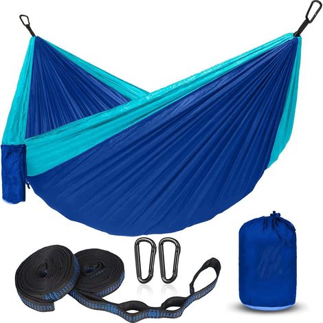 Individuelle Outdoor-hängematte Aus Nylon (fallschirmtyp) – 270 X 140 Cm, Himmelblau Und Königsblau (mit Befestigungsschnur) – Maximale Belastung: 150 Kg