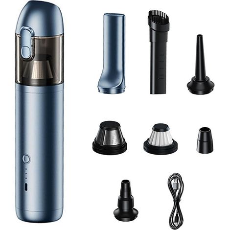 Mini-autostaubsauger In Blau, Kabelloser Handstaubsauger, Leistungsstark (16.000 Pa), Langlebiger Akku (6.000 Mah), Leise, Ideal Für Auto, Zuhause Und Reisen.