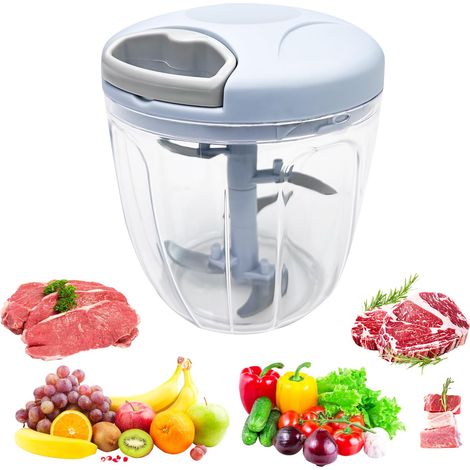 Mini-küchenmaschine, Manuell, 900 Ml Zerkleinerer Mit Netzkabel, 5 Edelstahlklingen, 0 G Drehmoment, Gemüsezerkleinerer, Sender (blau)