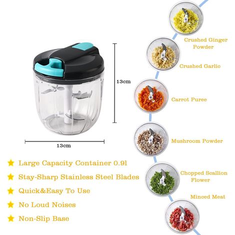 Multifunktionaler Manueller Zerkleinerer, Küchenmaschine, Tragbarer Manueller Knoblauchschneider Mit Hebel Für Gemüse, Ingwer, Obst, Nüsse Usw. Für Den Küchengebrauch (900 Ml - Grau Und Blau)