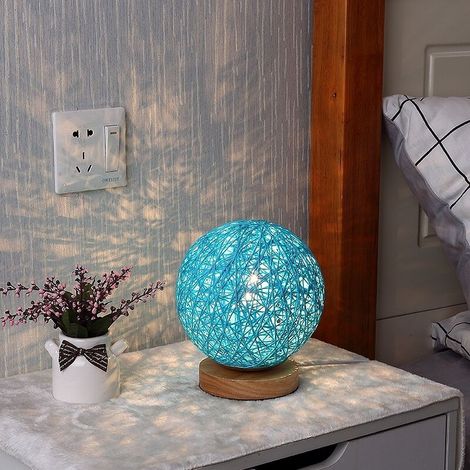 Rattan-tischleuchte, Dekorative Nachttischlampe Für Schlafzimmer, Wohnzimmer, Nachttisch, Beistelltisch, Café, Kinderzimmer, Europäischer Standard (warmes Licht), Einstufiger Schalter, Blau, 15 Cm