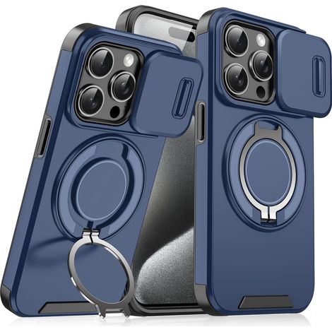 Schutzhülle Mit Verschiebbarer Linse, Kompatibel Mit Dem Iphone 16 Pro Max. Schutzhülle Mit Luftpolstern In Den Ecken, Fallschutz Und Magnetischem Ständer, Blau.