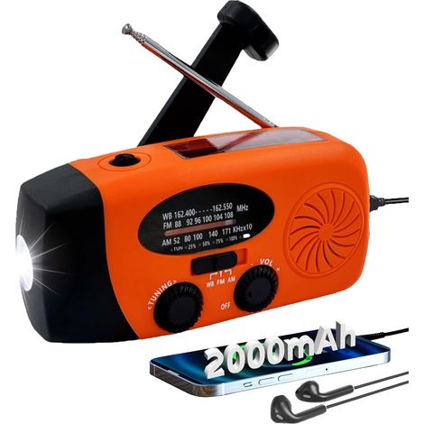 Tragbares Notfallradio Mit Led-taschenlampe, Am/fm-wetterradio, 2000-mah-akku Zum Laden Von Mobiltelefonen, Usb- Und Solarladung Für Camping Und Notfälle (orange)