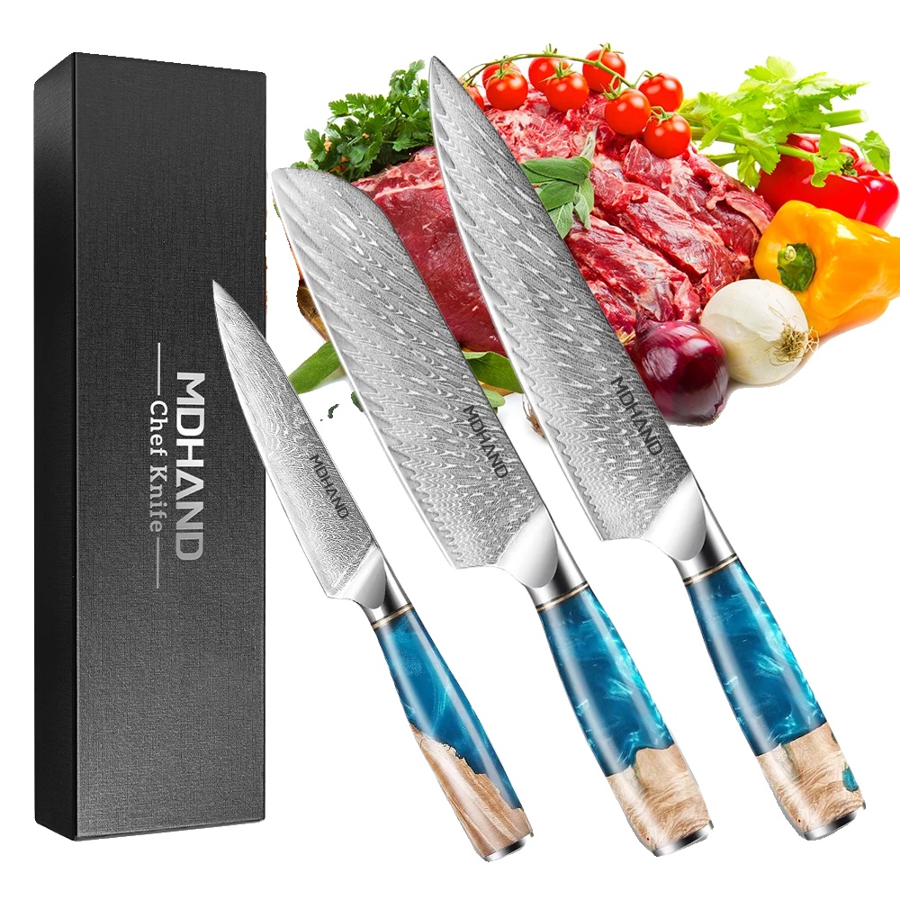 Küchenmesser Set, Edelstahl, Einzigartiges Griffdesign, Blau