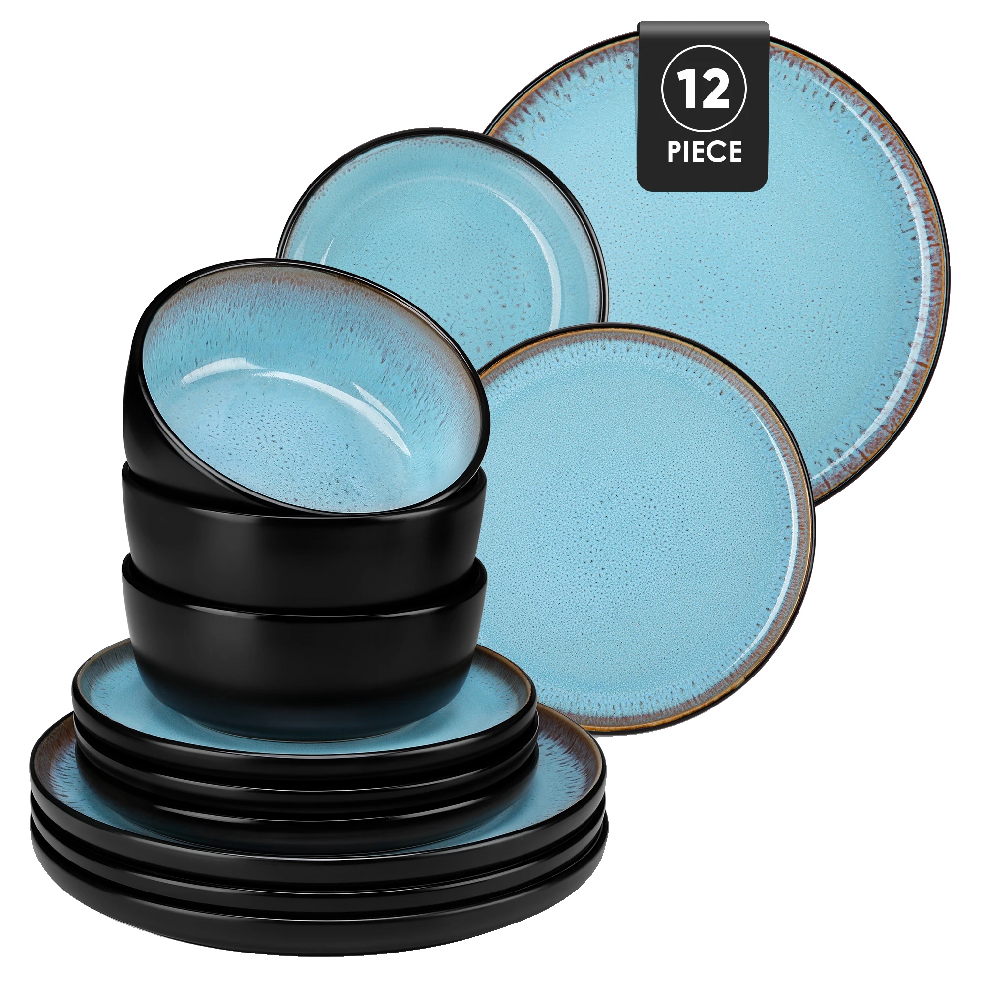 Geschirrset, Handgefertigte Keramik, Langlebig Und Sicher, Blau, 12 Pcs-b