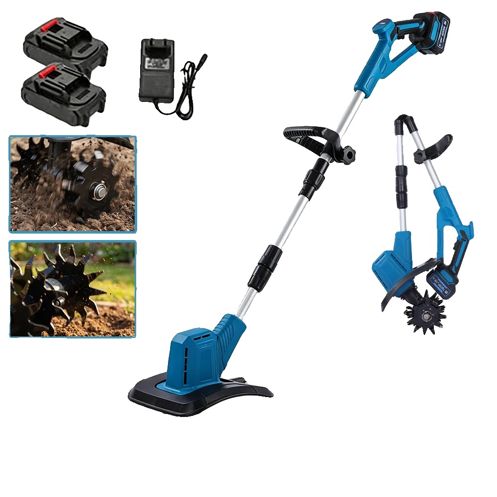 Elektrischer Gartenfräse, 20 Cm Arbeitsbreite, 16 Cm Pflanztiefe, 360 U/min Doppelmesserkopf, Doppelsicherheitsschalter, Inklusive Zwei 3000mah