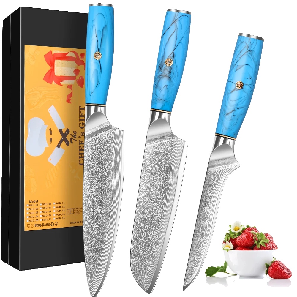 Küchenmesser Set, Damaststahl, Ergonomische Griffe, 3pcs