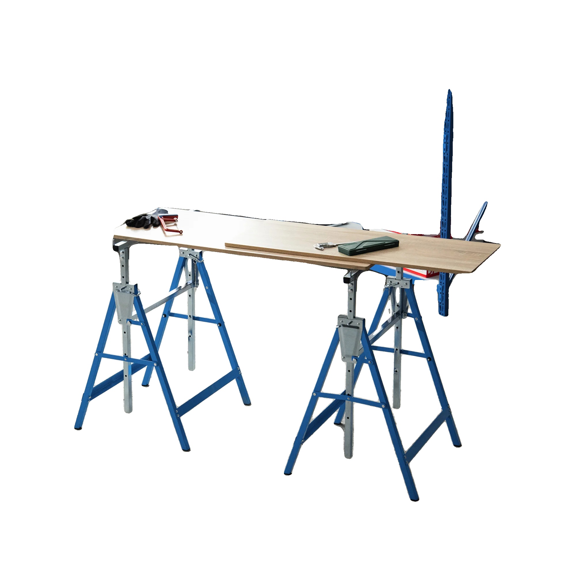 Verstellbare Stahl-sägebock-arbeitsbank, Tragfähigkeit 200kg, Höhenverstellbar 80-130cm, Gefaltete Abmessungen L68 X B11 X H84cm, Plattformgröße