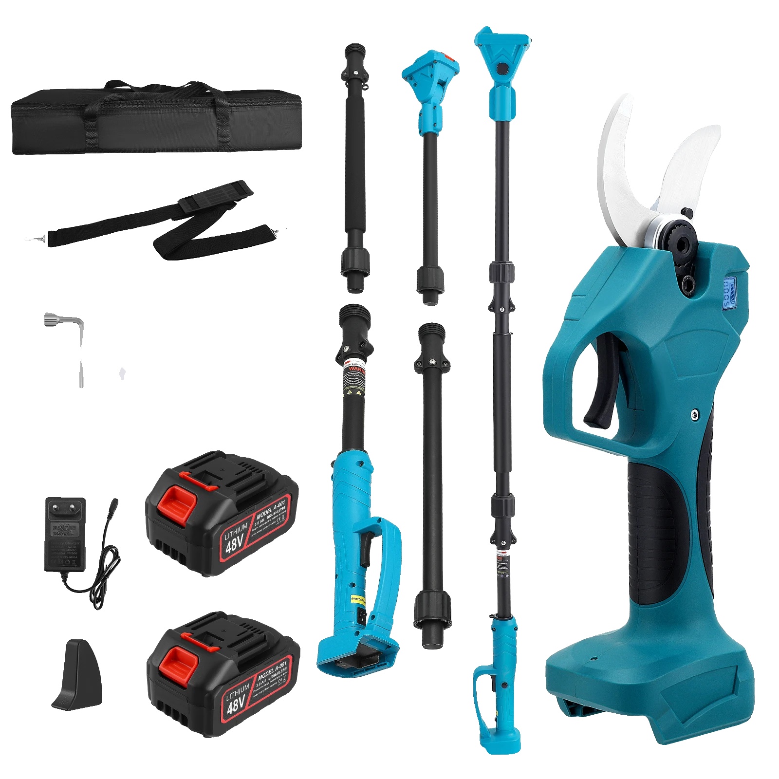 Elektrische Baumschneider, Bürstenloser Motor, Verstellbare Länge, Blau, Zwei Batterien