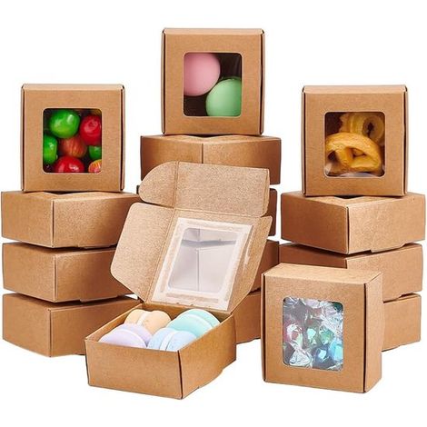 30 Quadratische Geschenkboxen Aus Kraftpapier (6,5 X 6,5 X 3 Cm) Mit Sichtfenster, Ideal Für Gastgeschenke, Gebäck, Schmuck Und Geschenkverpackungen. Farbe: Braun.