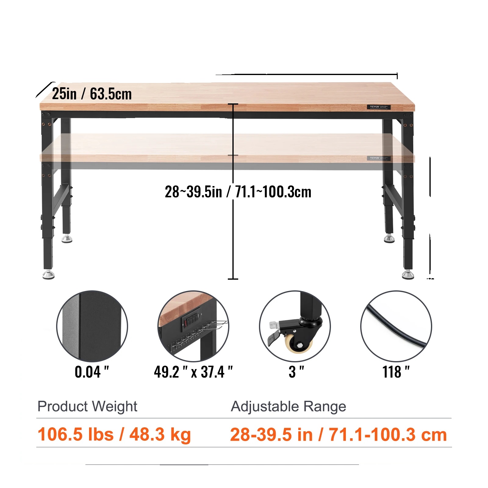 Mobile Werkbank, Höhenverstellbar, Robuste Konstruktion, 72 X 25 In 3000lbs