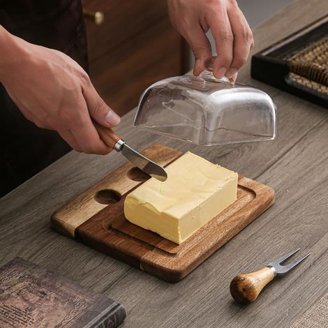 Butterdose Aus Akazienholz Mit Messer Und Glasdeckel, Ideal Für Käse, Butter, Kuchen Und Desserts. Servierschale. Elegantes Küchenutensil (2 Messer).