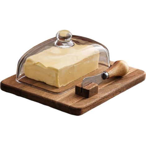 Butterdose Aus Akazienholz Mit Messer Und Glasdeckel – Servierschale Für Käse, Butter, Kuchen Und Desserts – Elegantes Küchenutensil – Küchenartikel – 1 Messer