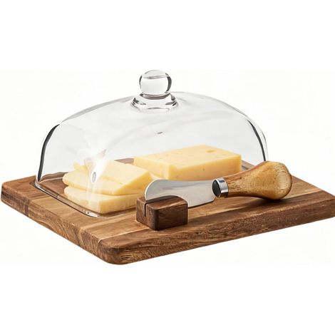 Butterdose Aus Holz – Butterdose Mit Buttermesser – Glasdeckel Und Messer Inklusive – Schneidebrett Als Unterlage – Dekoration Für Die Arbeitsplatte