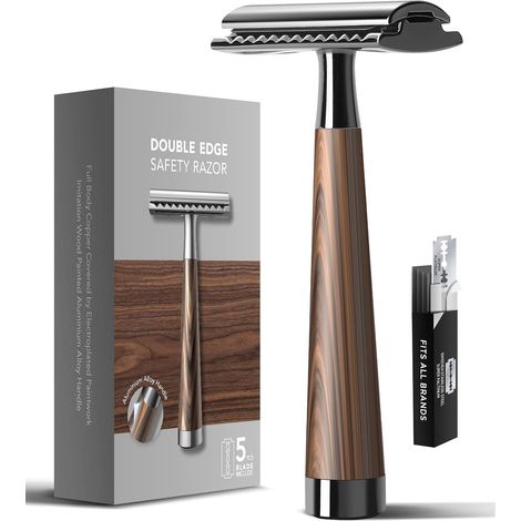 Doppelklingenrasierer: Hochwertige, Einseitig Geschliffene Metallrasierer Für Damen Und Herren – Minimalistischer Holzgriff – Mit Fünf Abnehmbaren Klingen In Holzoptik