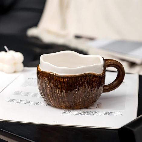 Keramikbecher Mit Löffel, Kokosnussbecher, Neuer Becher, Ästhetischer Becher, Elegantes Geschenk Für Zuhause Oder Büro, Ca. 250-300 Ml