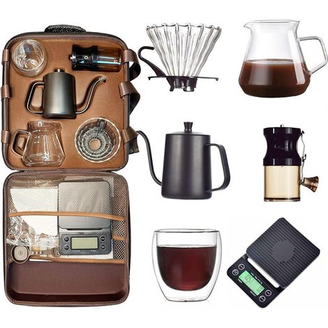 Komplettes 8-in-1-kaffeeset – Handkaffeemühle, Glasfilter, Wasserkocher, Waage Und Zubehör – Ideal Für Camping Und Reisen