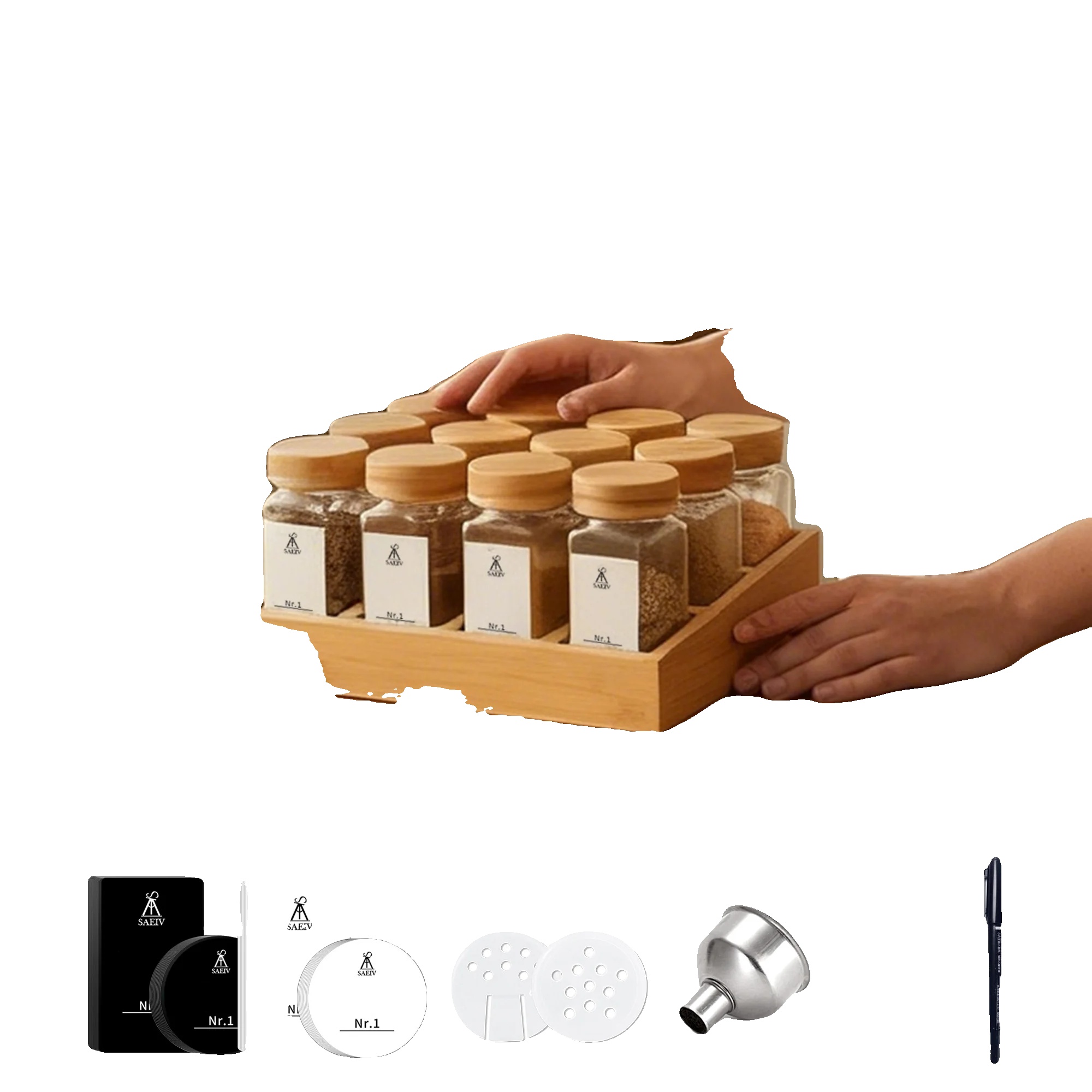 Gewürzglas-set, Langlebige Bambusablage, Glasbehälter, 13pcs