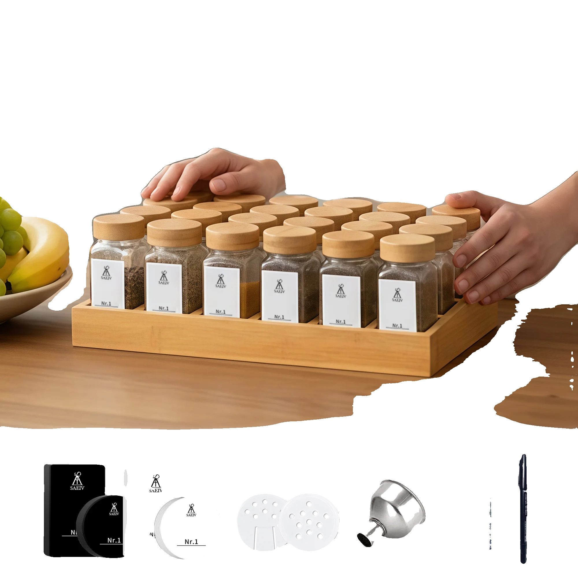 Gewürzglas-set, Langlebige Bambusablage, Glasbehälter, 25pcs