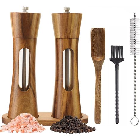 Set Aus 2 Salz- Und Pfeffermühlen Aus Holz – 20 Cm, Nachfüllbar – Mit Sichtfenster – Keramikmahlwerk – Mahlgrad Einstellbar