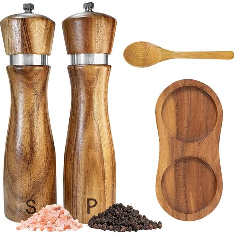 Set Aus 2 Pfeffer- Und Salzmühlen Aus Akazienholz (20 Cm), Verstellbar, Mit Schale Und Löffel.
