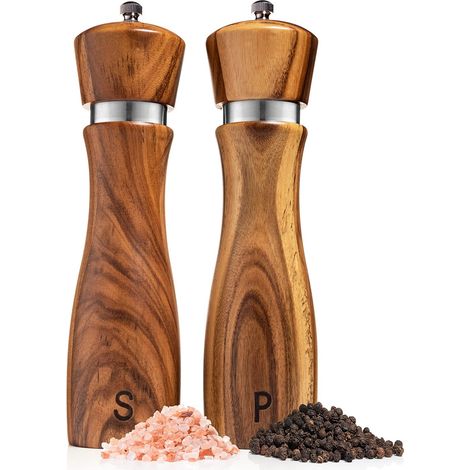 Set Aus Salz- Und Pfeffermühlen Aus Holz – Nachfüllbar – Mahlgrad Einstellbar – Massives Akazienholz – Kern Aus Keramik/edelstahl – Je 20 Cm