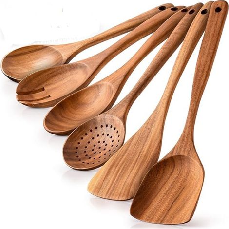 Set Mit 6 Küchenlöffeln Aus Holz – Hitzebeständig – Aus Glattem Teakholz – Liegt Gut In Der Hand – Leicht Und Robust – Leicht Zu Reinigen – Ideal Als Küchenutensil