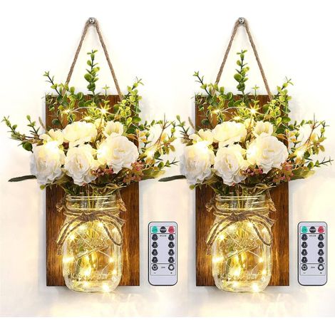 Wandleuchten Im Mason-jar-stil, Rustikale Schlafzimmer-wanddekoration Mit 2 Ferngesteuerten, Batteriebetriebenen Künstlichen Blumen-hängeleuchten Mit Led-streifen Für Die Wohnzimmerdekoration (2er-set