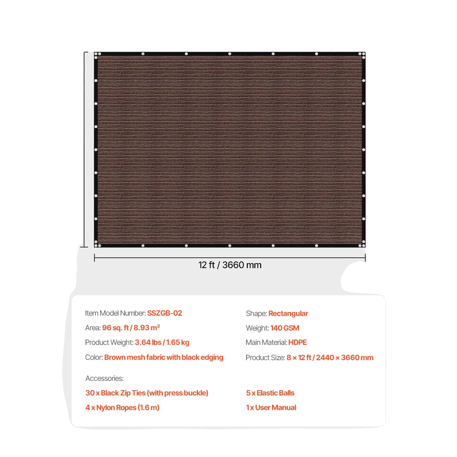 Schattengewebe, Uv-schutz, Langlebiges Hdpe-material, 140gsm 8x12ft Braun