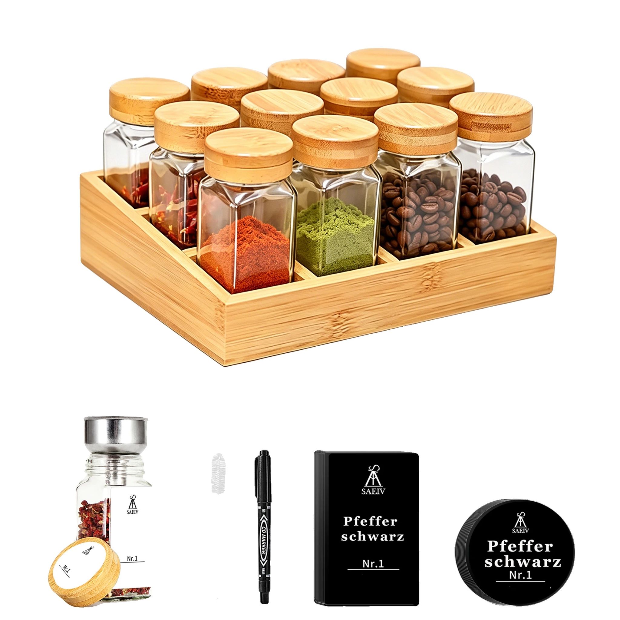 Gewürzglas-set, Bambusregal, Luftdichte Glasbehälter, Xy103