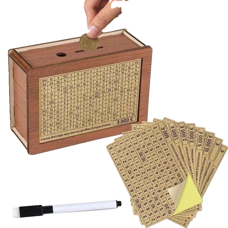 Sparschwein, Holzbau, Wiederverwendbares Design, 8 Stück Eur Set