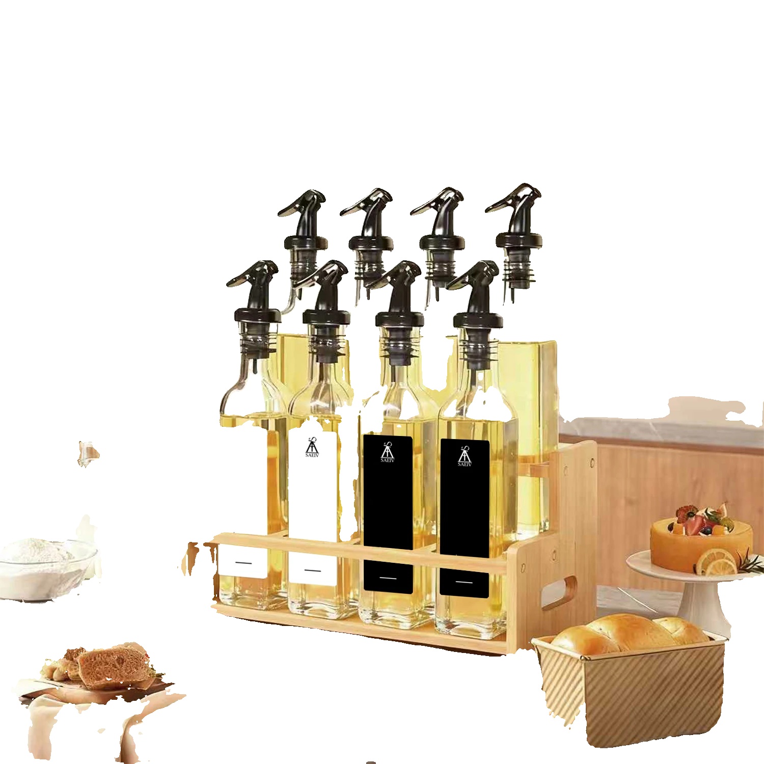 Öl- Und Essigspender-set, Auslaufsicheres Design, Bambusständer, 8stück250ml