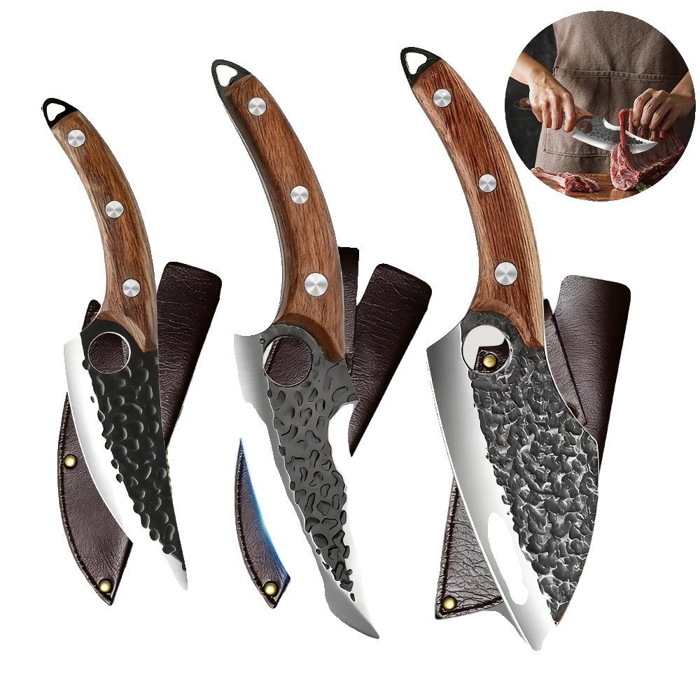 Kochmesser Set, Handgeschmiedet, Vielseitige Fleischzubereitung, Braun