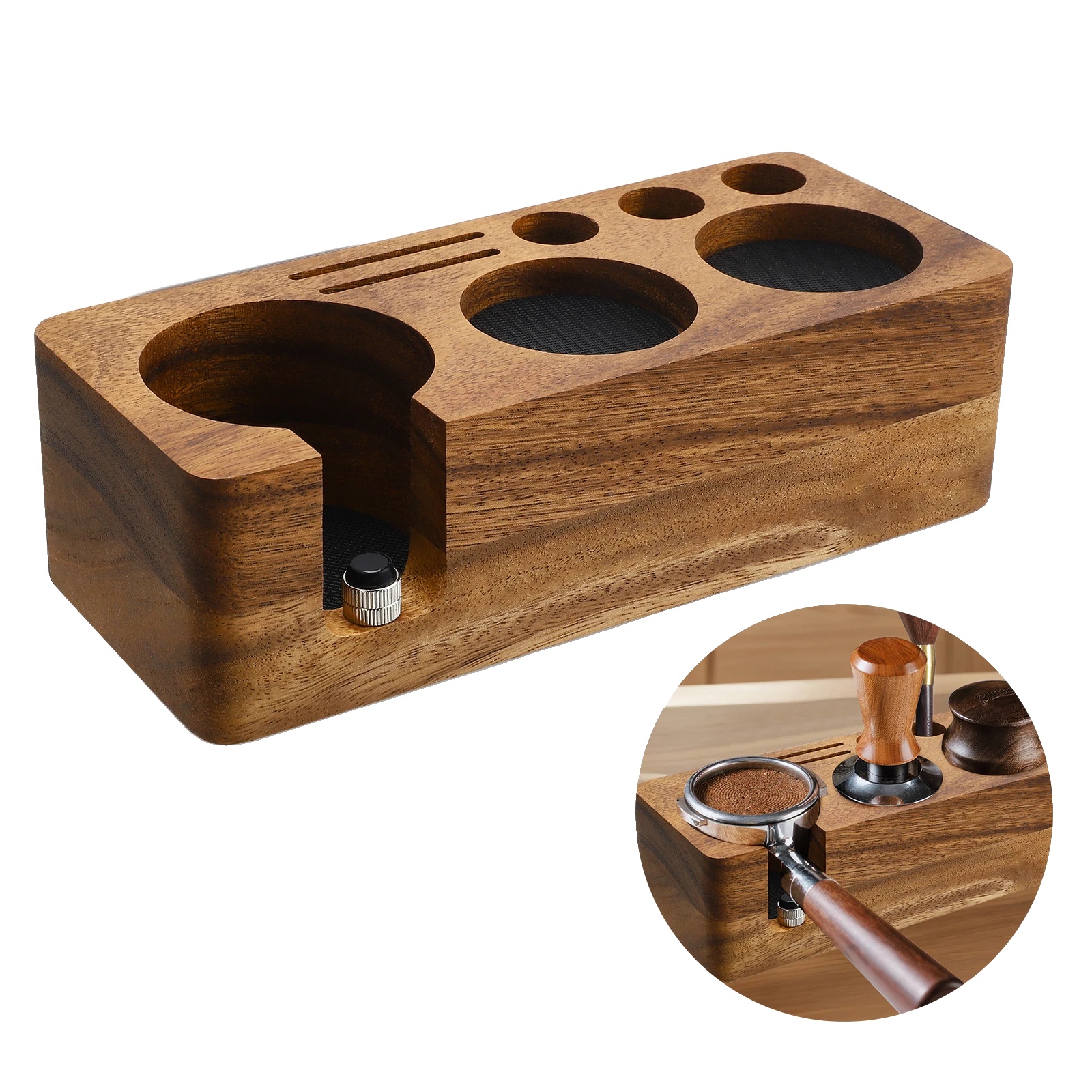 Espresso Tamperstation, Höhenverstellbar, Robustes Holzdesign, A