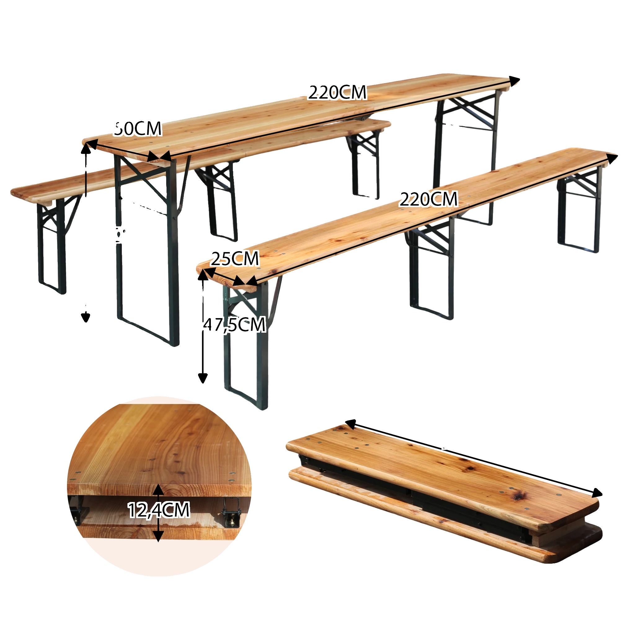 Biergarten Set, Wetterbeständiges Kiefernholz, Platzsparendes Design, 220cm