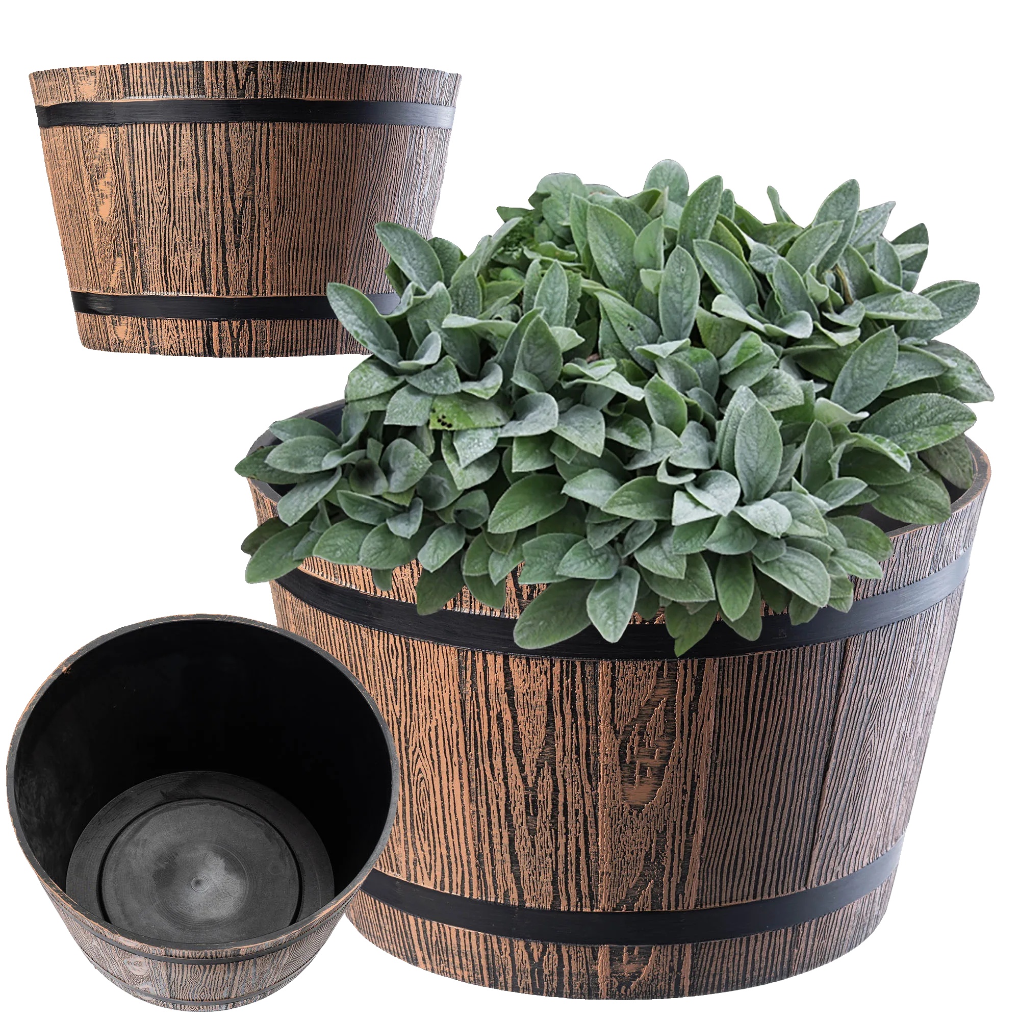 Blumentopf, Fassförmig, Frostbeständiges Design, Braun, Groß-a