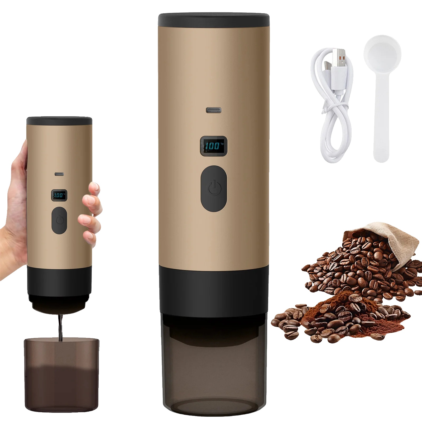 Tragbare Elektrische Kaffeemaschine, Vielseitiges Brühen, Intelligente Heizung, Champagnerbraun 90ml, Eu