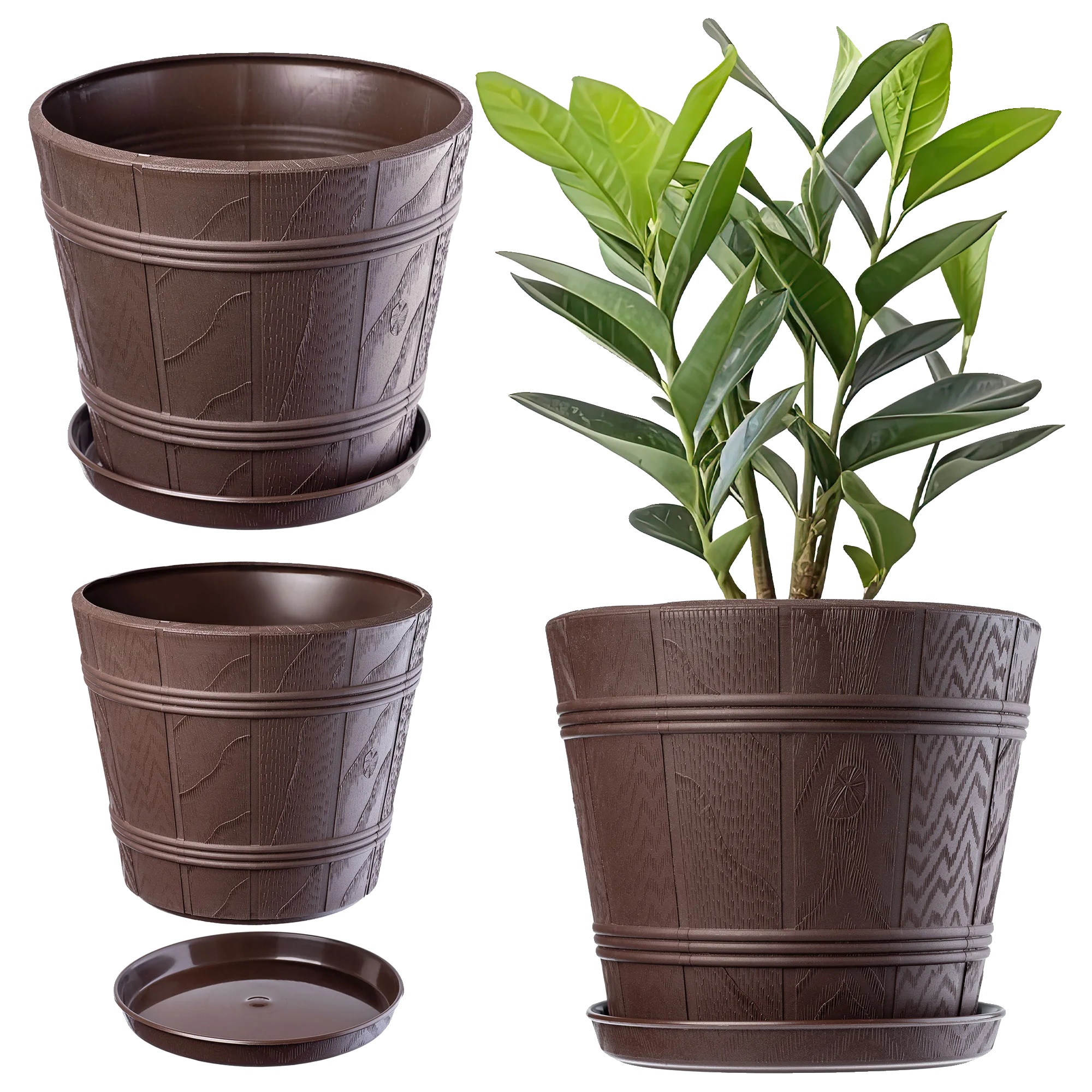 Blumentopf, Leichtes Plastik, Holzähnliches Design, Braun