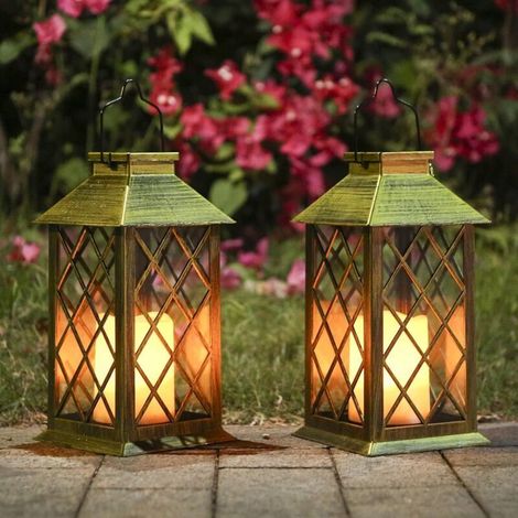 Led-solarlaterne – Energiesparende Außenleuchte, Gelbes Blinklicht – Für Garten Oder Terrasse – Hängend Mit Glas – 2 Stück – Antikbronze