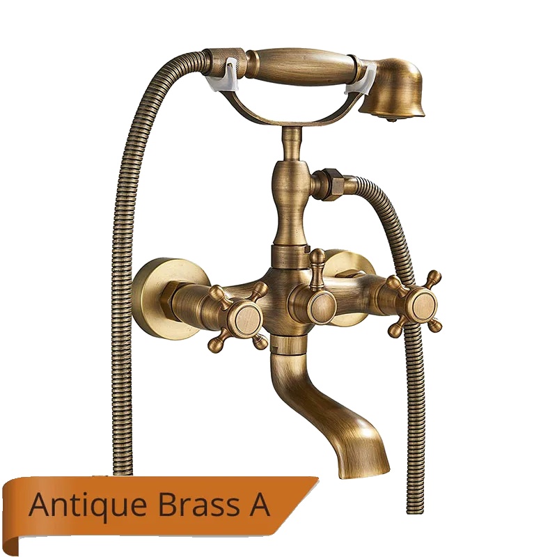 Antiker Messing Badewannen-duscharmatur, Dual-knopf-steuerung, Handbrause, Antike Messing A